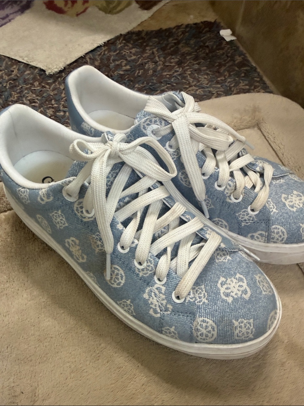 Guess Light Blue and White Logo-Print Lace-Up Sneakers